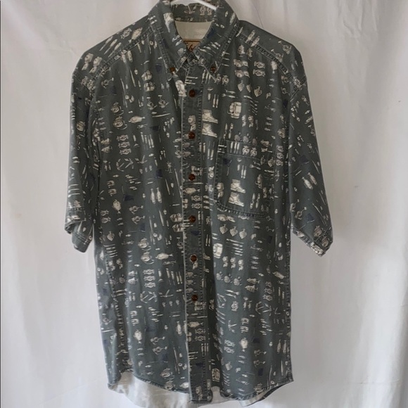 Vintage Woolrich Green Camping Print Patterned Button Down Shirt Cotton - Picture 1 of 6